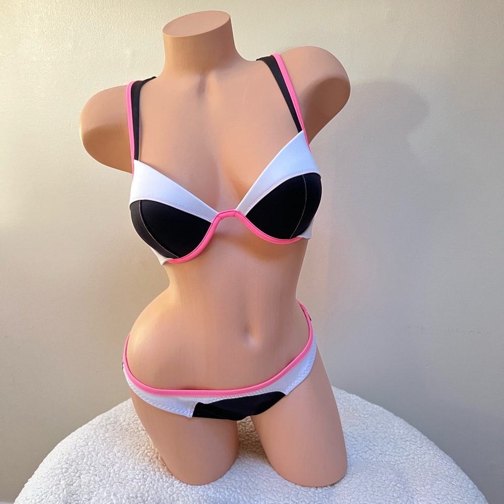 NWOT Victoria's Secret Pink Neoprene Swim Push Up Top and Bikini Set Suit 36B L